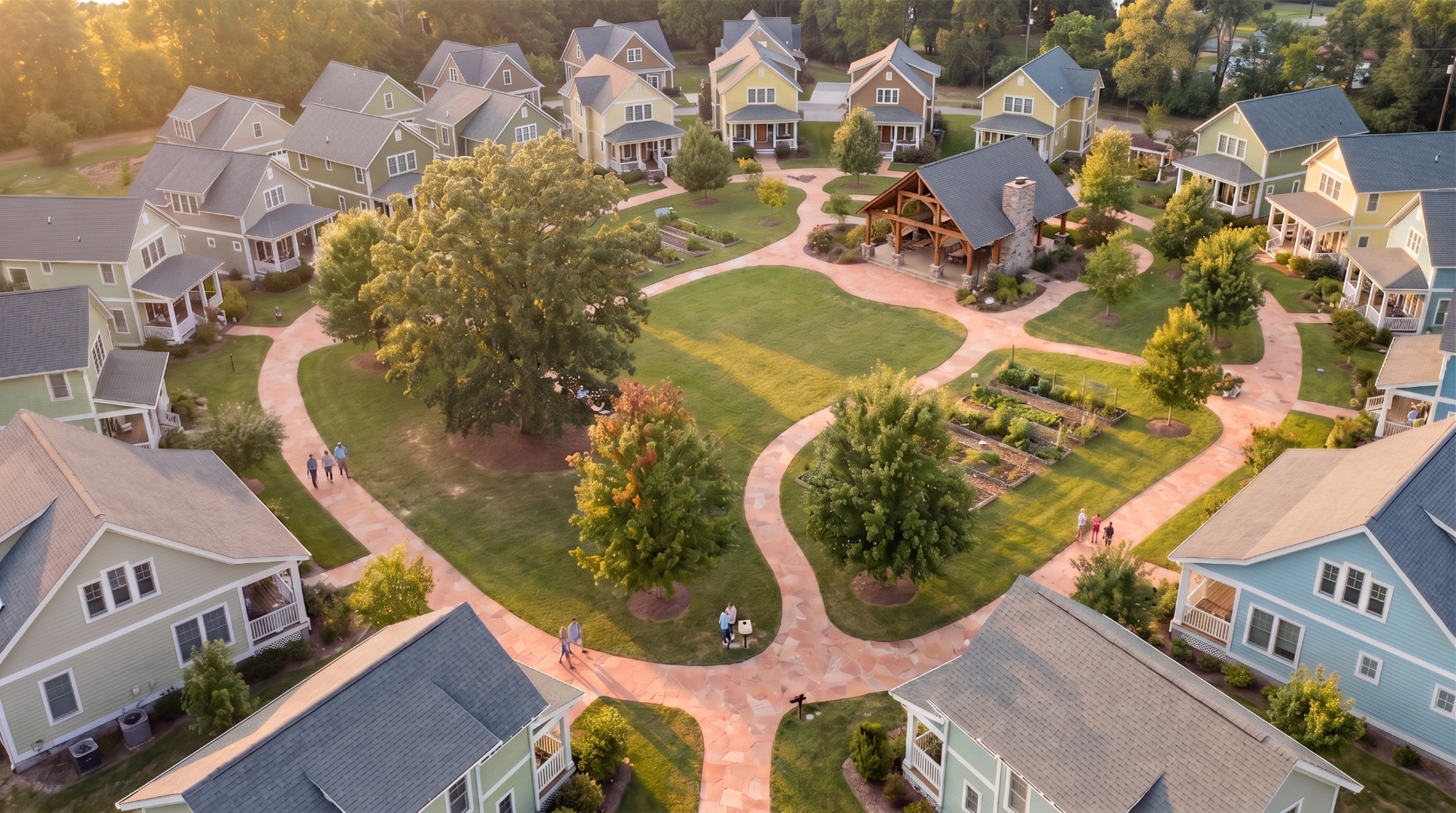 A deep-blue Craftsman cottage glowing warmly at golden hour, with rocking chairs on the porch.